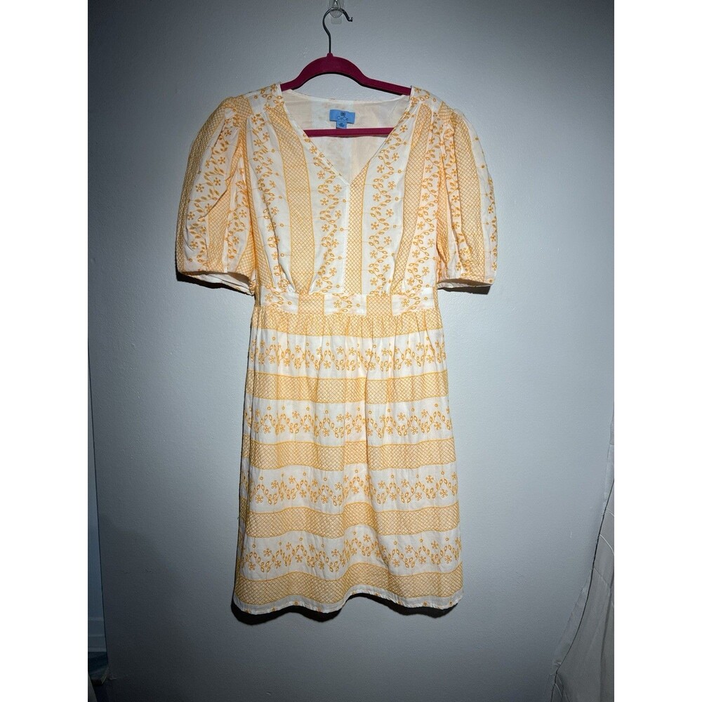 CeCe Dress Women’s 2X White Yellow Eyelet Design Short Sleeve Side Pockets $129